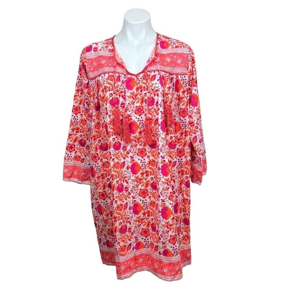 SZ BLOCKPRINTS Indian Floral Print Cotton
Dress Tassels Magenta Tangerine Large